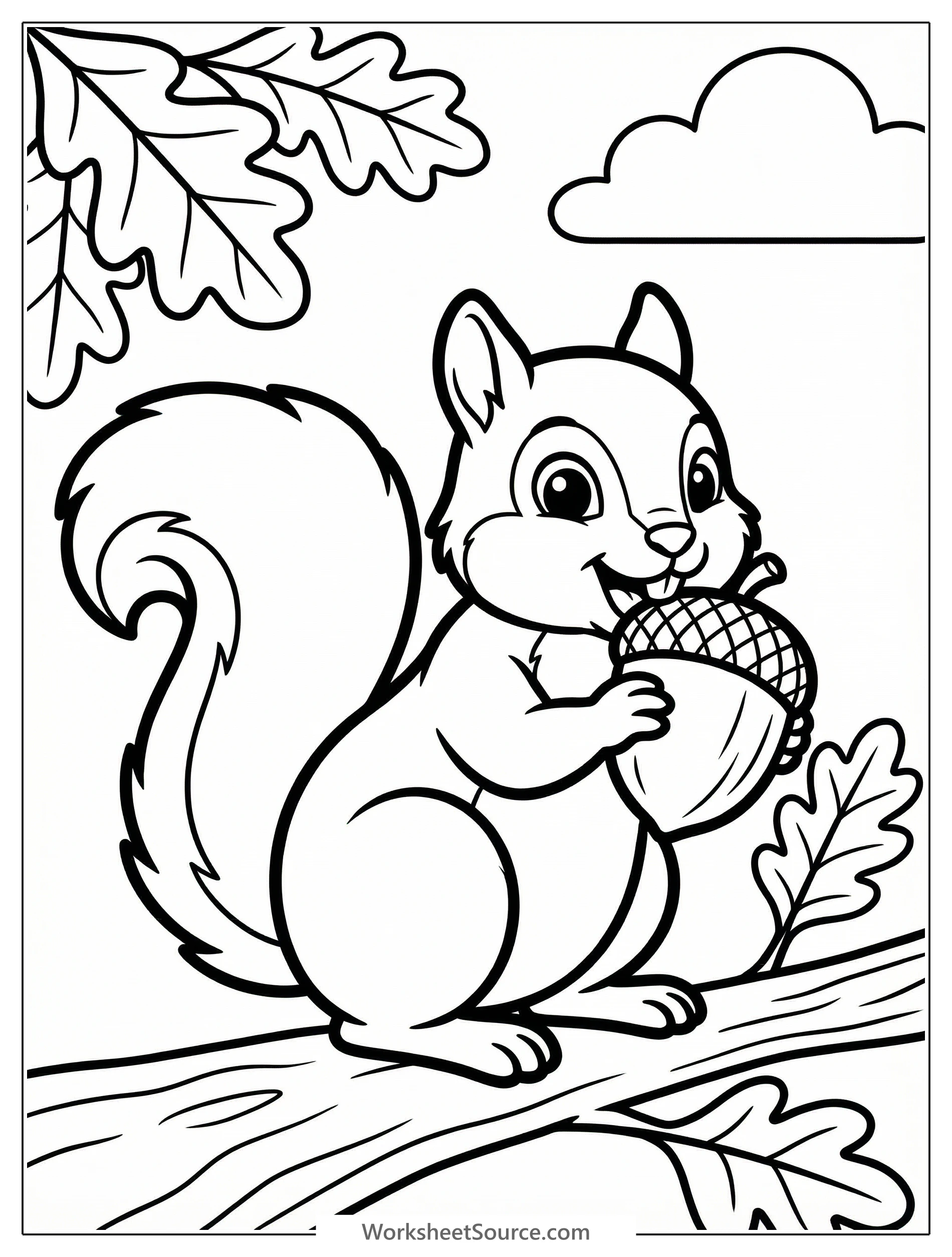 A cheerful brown squirrel sits on a tree branch, holding a large acorn firmly in its paws and happily munching on it. The squirrel's tail is bushy.