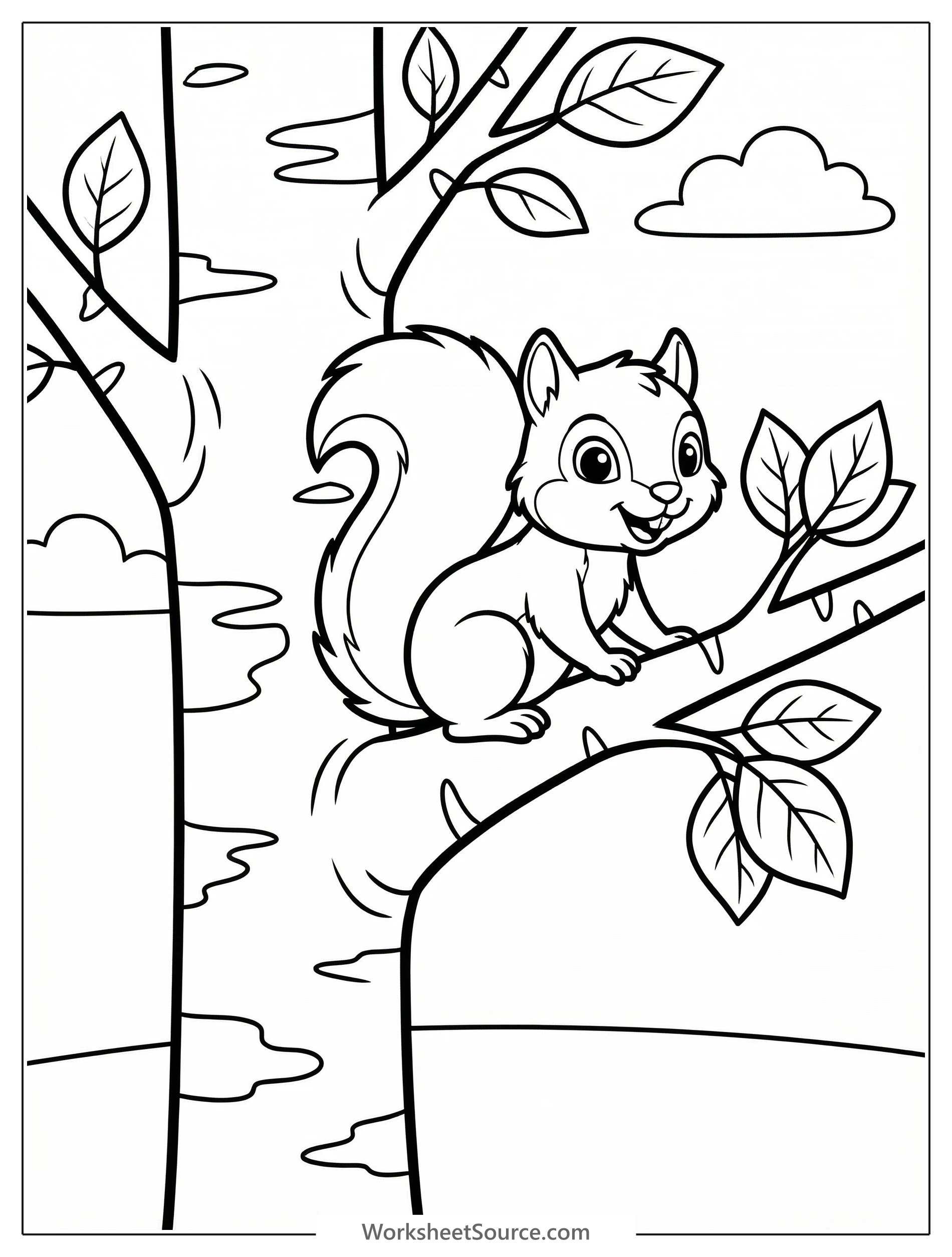 Line art illustration of a cheerful squirrel perched on a branch of a white birch tree. The squirrel holds an acorn, surrounded by leaves and tree bark textures, ready for coloring.