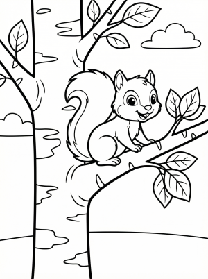 Line art illustration of a cheerful squirrel perched on a branch of a white birch tree. The squirrel holds an acorn, surrounded by leaves and tree bark textures, ready for coloring.