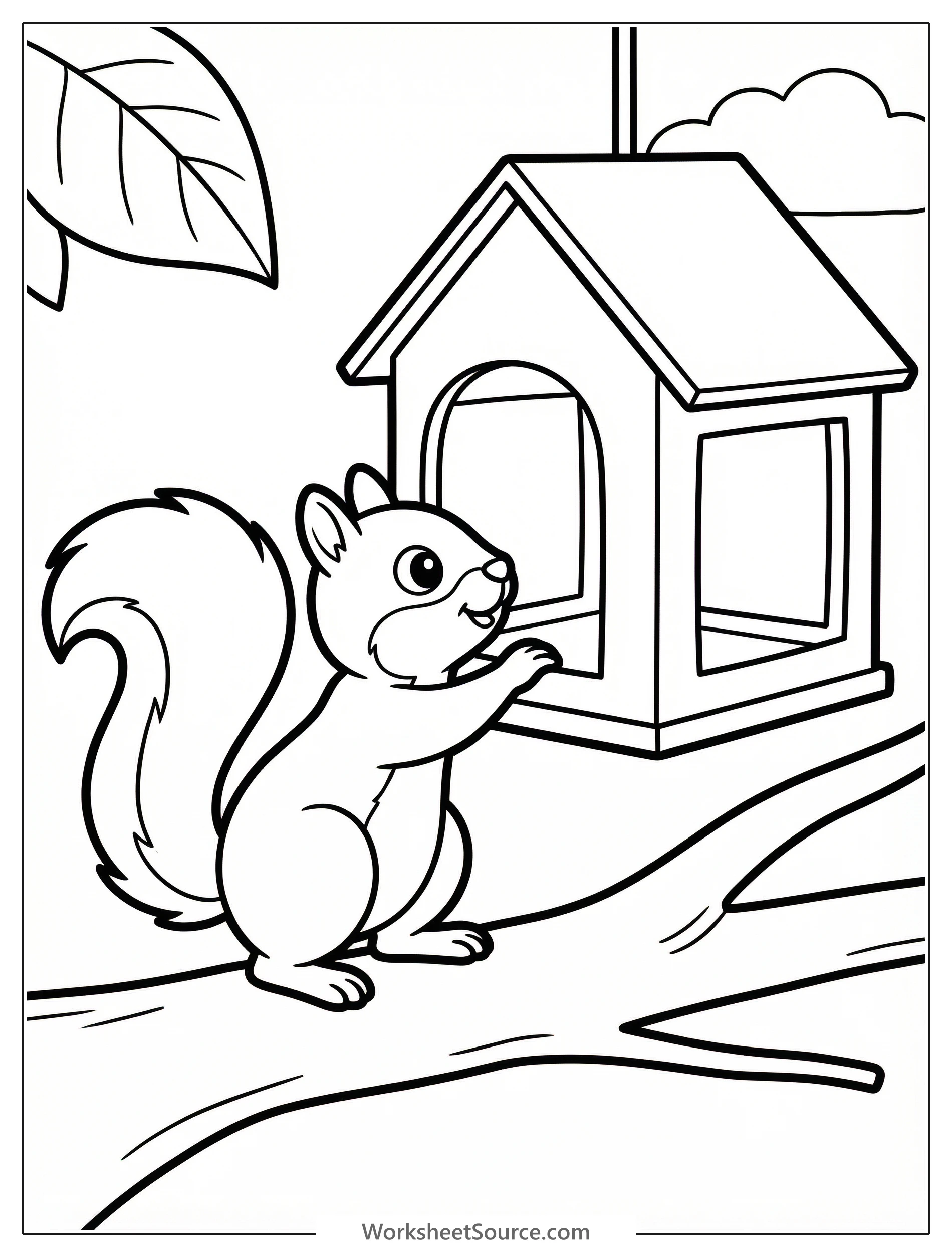 An outline drawing of a curious squirrel with a bushy tail reaching into a hanging bird feeder. The feeder is full of bird seeds.