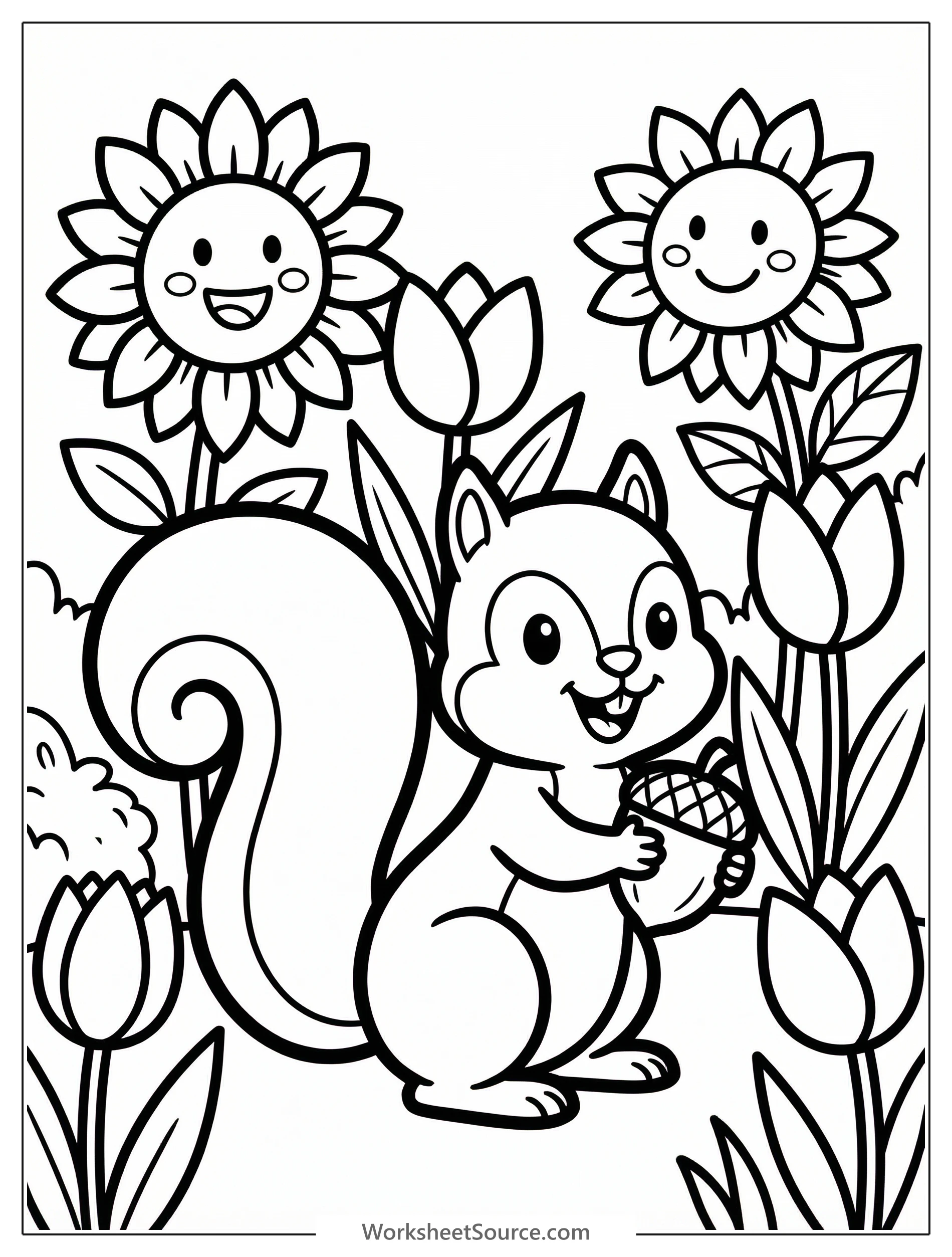 A line art illustration of a cute squirrel sitting among various garden flowers like daisies and tulips, with leaves and grass. Ready for coloring.