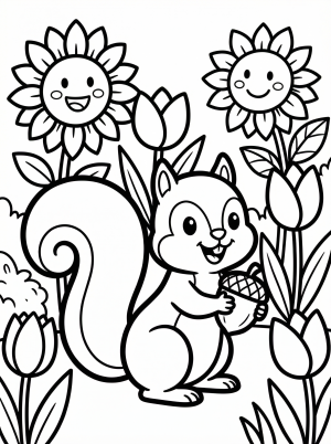 A line art illustration of a cute squirrel sitting among various garden flowers like daisies and tulips, with leaves and grass. Ready for coloring.