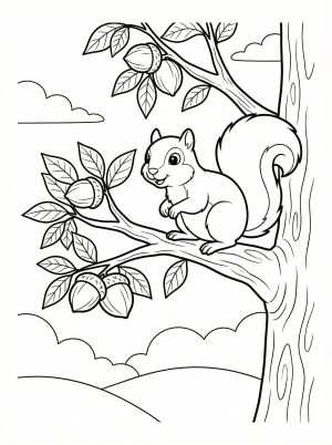 A cheerful squirrel with a bushy tail sits alertly in a hickory tree, surrounded by detailed leaves and nuts, ready for coloring. Ideal for nature themes.