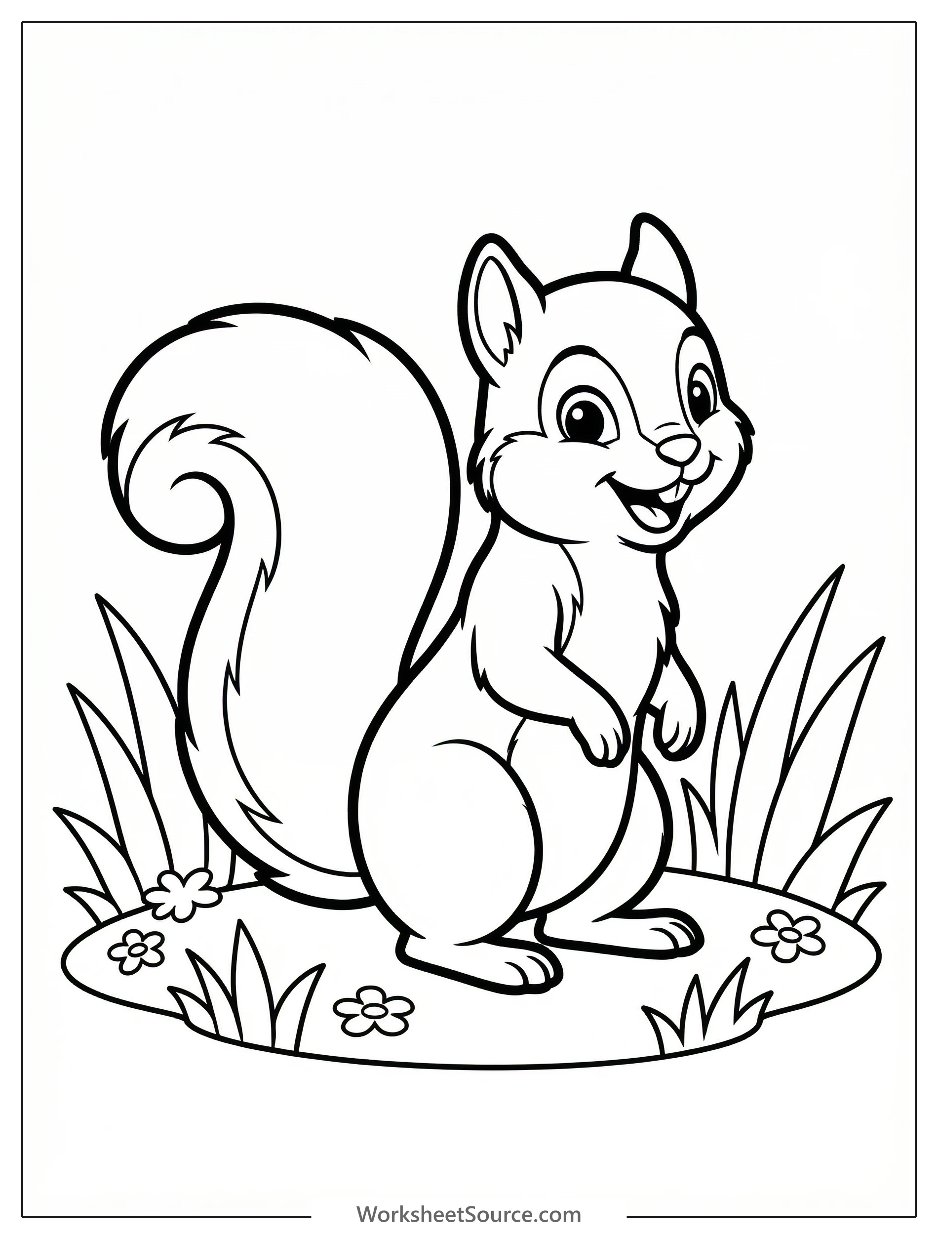 Outline drawing of a cheerful squirrel standing upright in a grassy meadow, ready for coloring. The squirrel has a bushy tail and is surrounded by simple blades of grass.