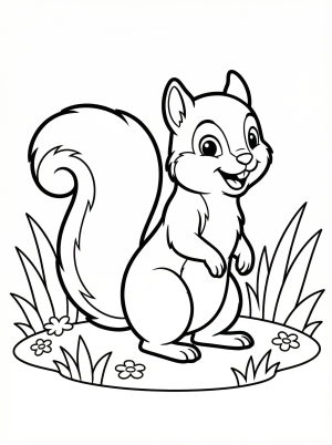 Outline drawing of a cheerful squirrel standing upright in a grassy meadow, ready for coloring. The squirrel has a bushy tail and is surrounded by simple blades of grass.