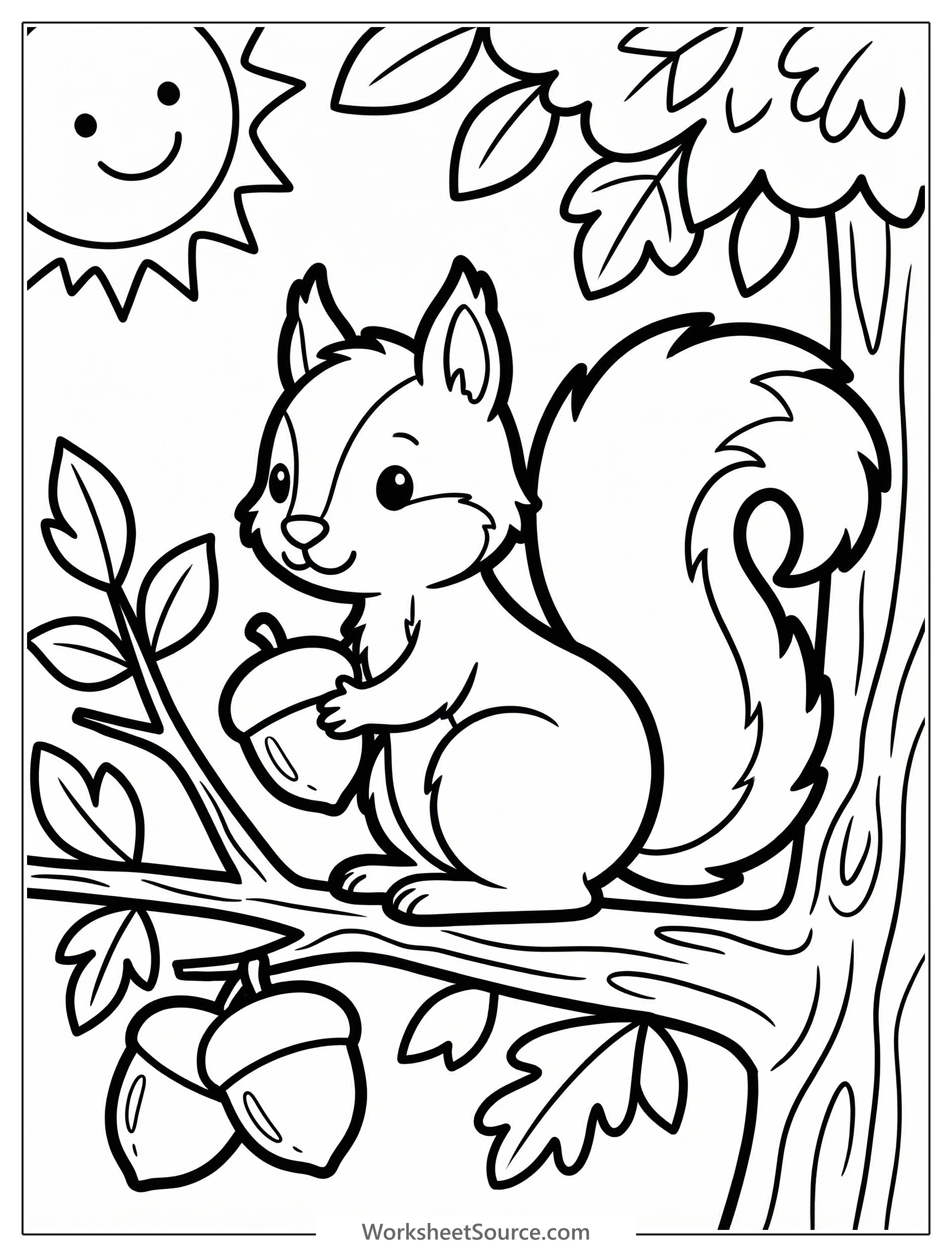 A cheerful squirrel sitting among leaves on a tree branch, bathed in soft morning sunlight, ready for coloring.