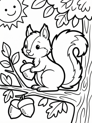 A cheerful squirrel sitting among leaves on a tree branch, bathed in soft morning sunlight, ready for coloring.