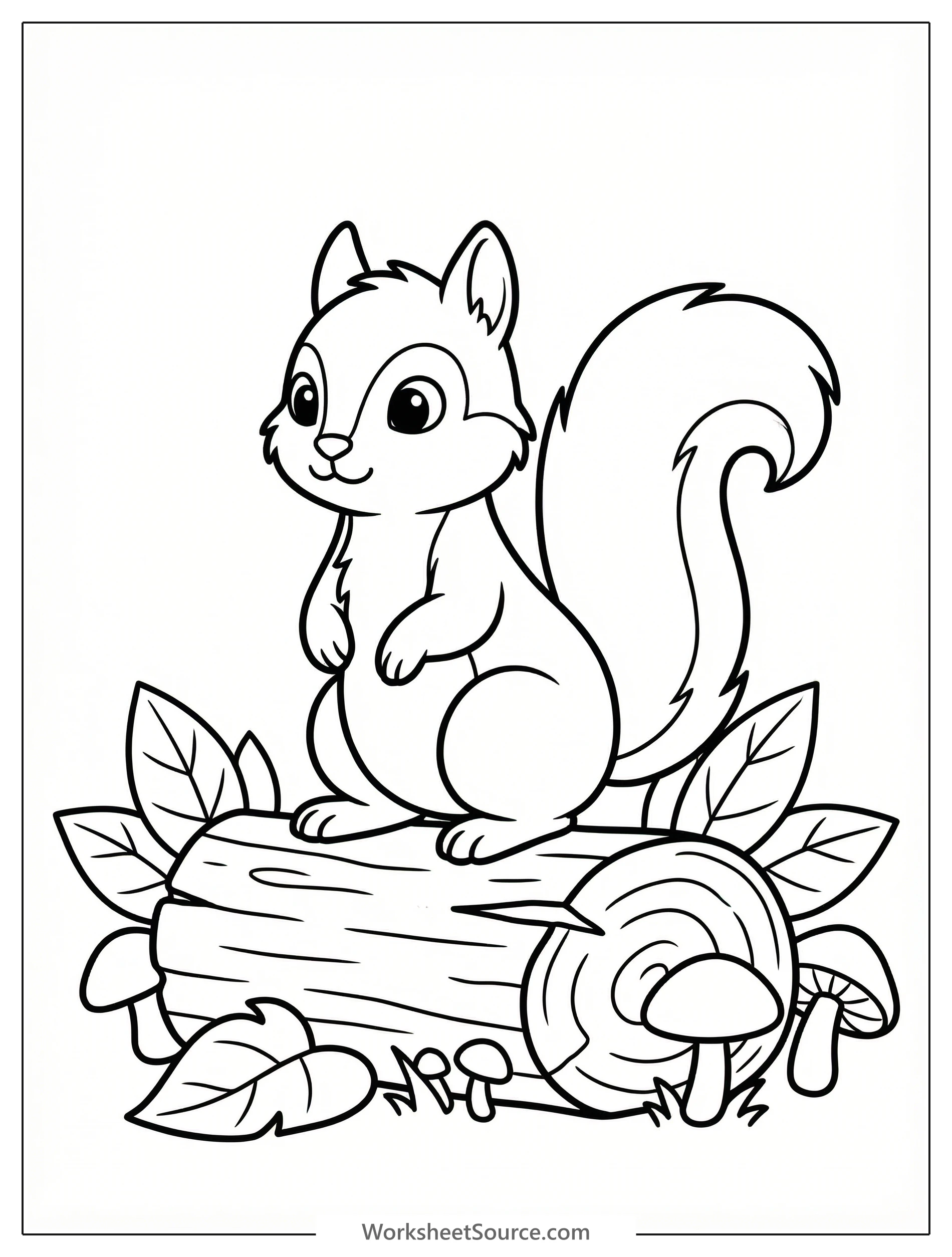 A friendly squirrel with a bushy tail stands upright on a fallen log, looking curious. The log shows bark texture. Black and white outline for coloring.