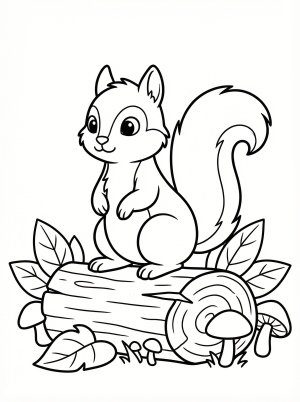 A friendly squirrel with a bushy tail stands upright on a fallen log, looking curious. The log shows bark texture. Black and white outline for coloring.