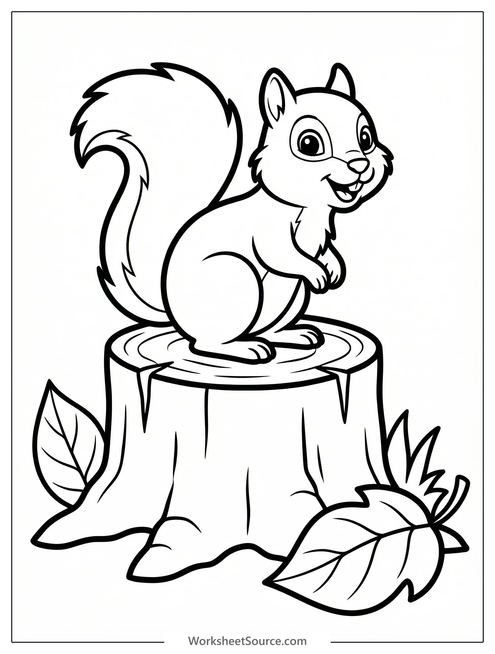 A friendly cartoon squirrel with a bushy tail sits on a rustic tree stump, ready for coloring. Perfect for young artists.