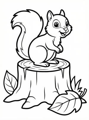 A friendly cartoon squirrel with a bushy tail sits on a rustic tree stump, ready for coloring. Perfect for young artists.