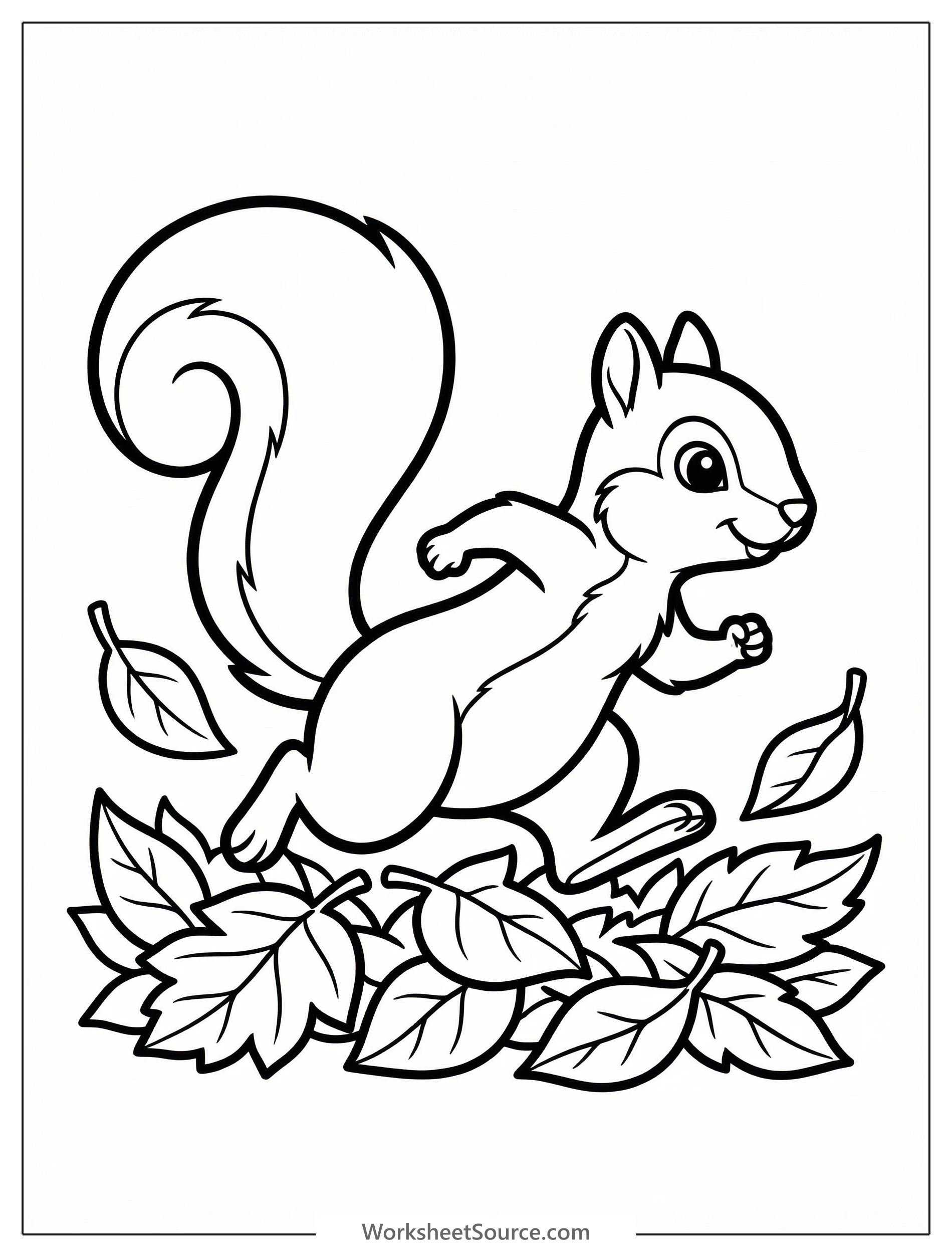 Line drawing of a cute squirrel actively running left through a pile of scattered autumn leaves. The squirrel has a bushy tail and is looking forward.