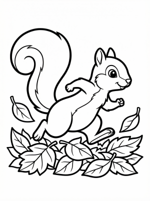 Line drawing of a cute squirrel actively running left through a pile of scattered autumn leaves. The squirrel has a bushy tail and is looking forward.