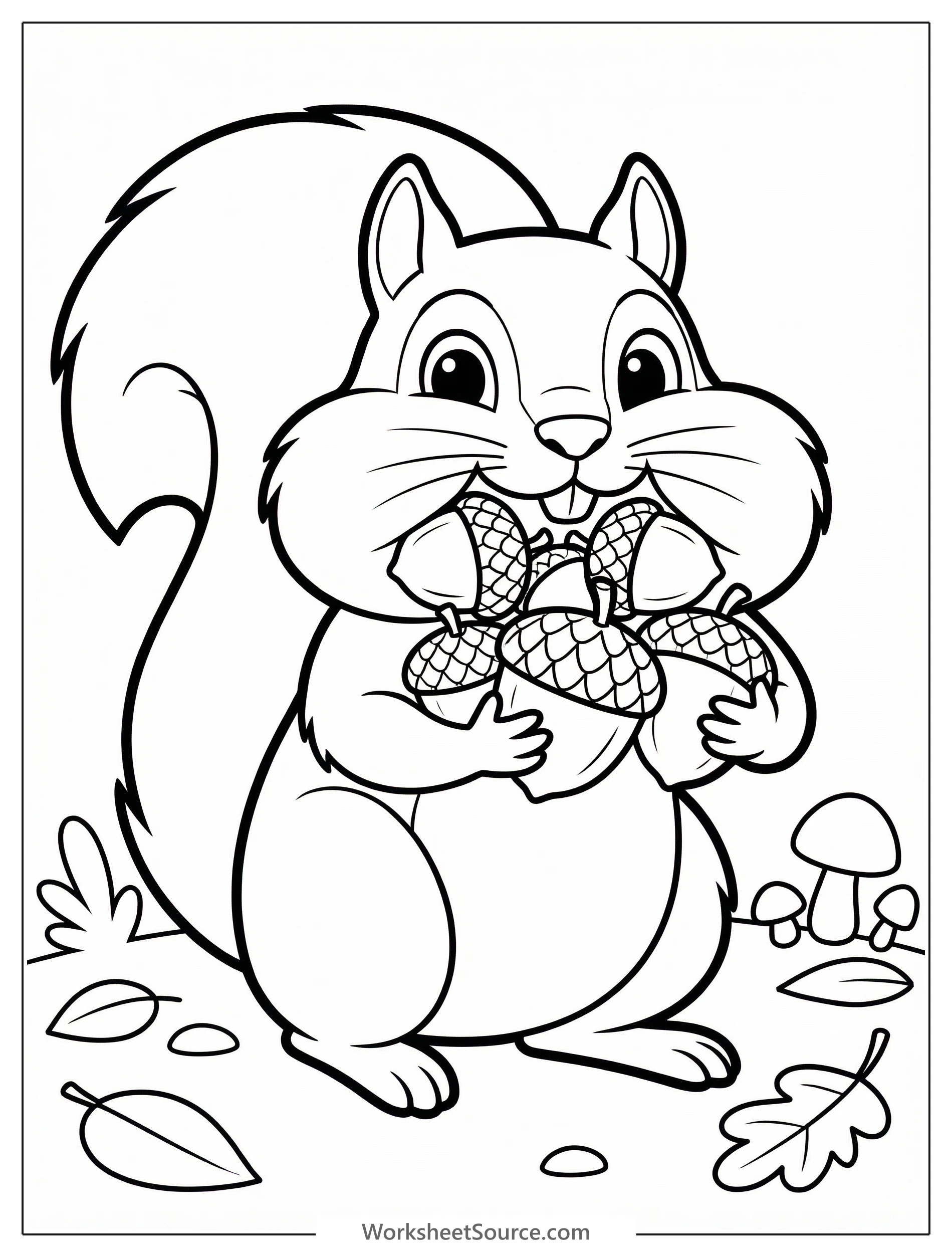A cheerful cartoon squirrel sits with cheeks full of multiple acorns, ready for coloring. This fun image highlights its resourceful nature.