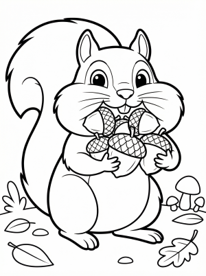A cheerful cartoon squirrel sits with cheeks full of multiple acorns, ready for coloring. This fun image highlights its resourceful nature.
