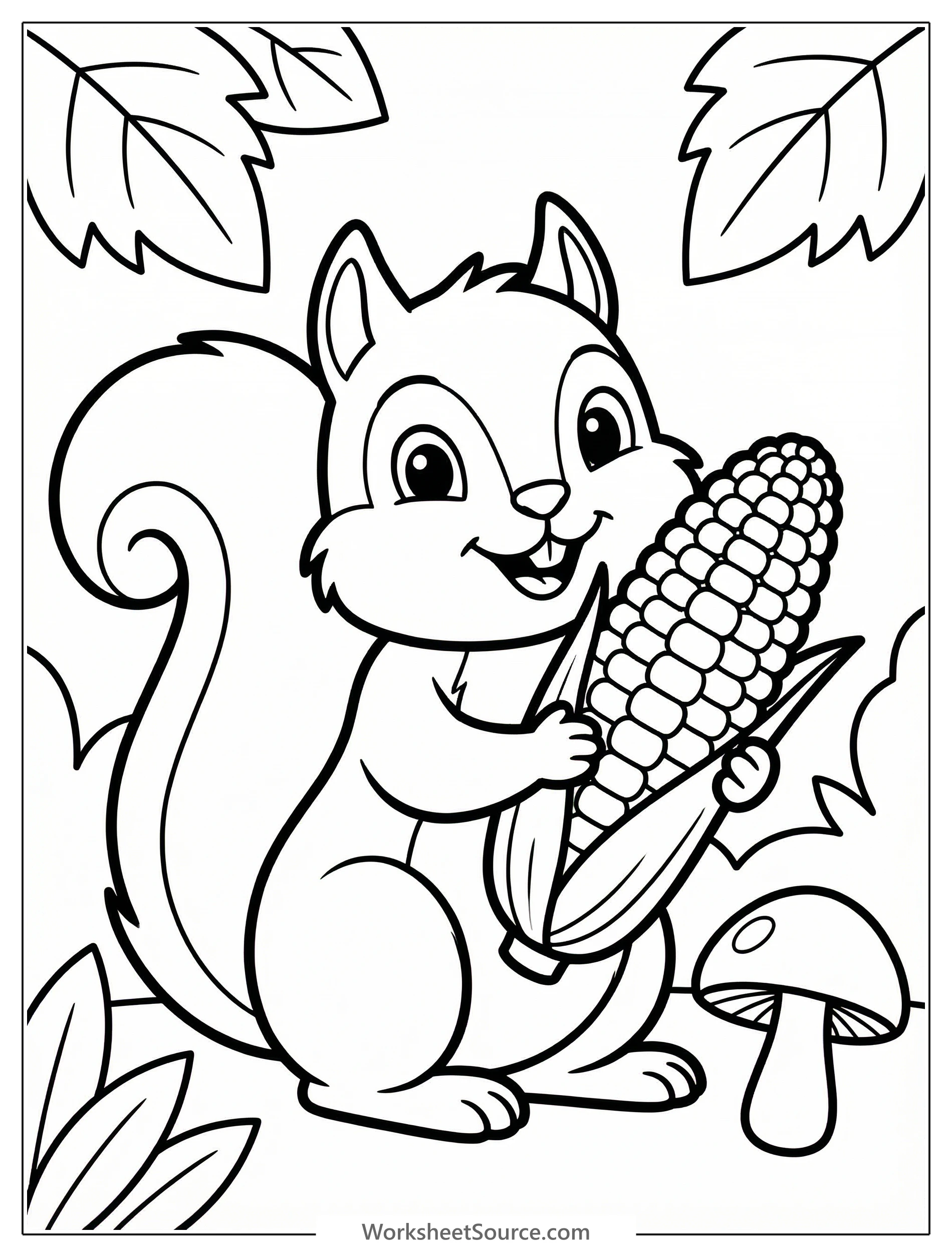 A friendly squirrel standing on two feet, holding a large ear of corn. Its bushy tail is curled behind it, and it has a happy expression.