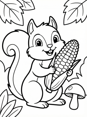 A friendly squirrel standing on two feet, holding a large ear of corn. Its bushy tail is curled behind it, and it has a happy expression.