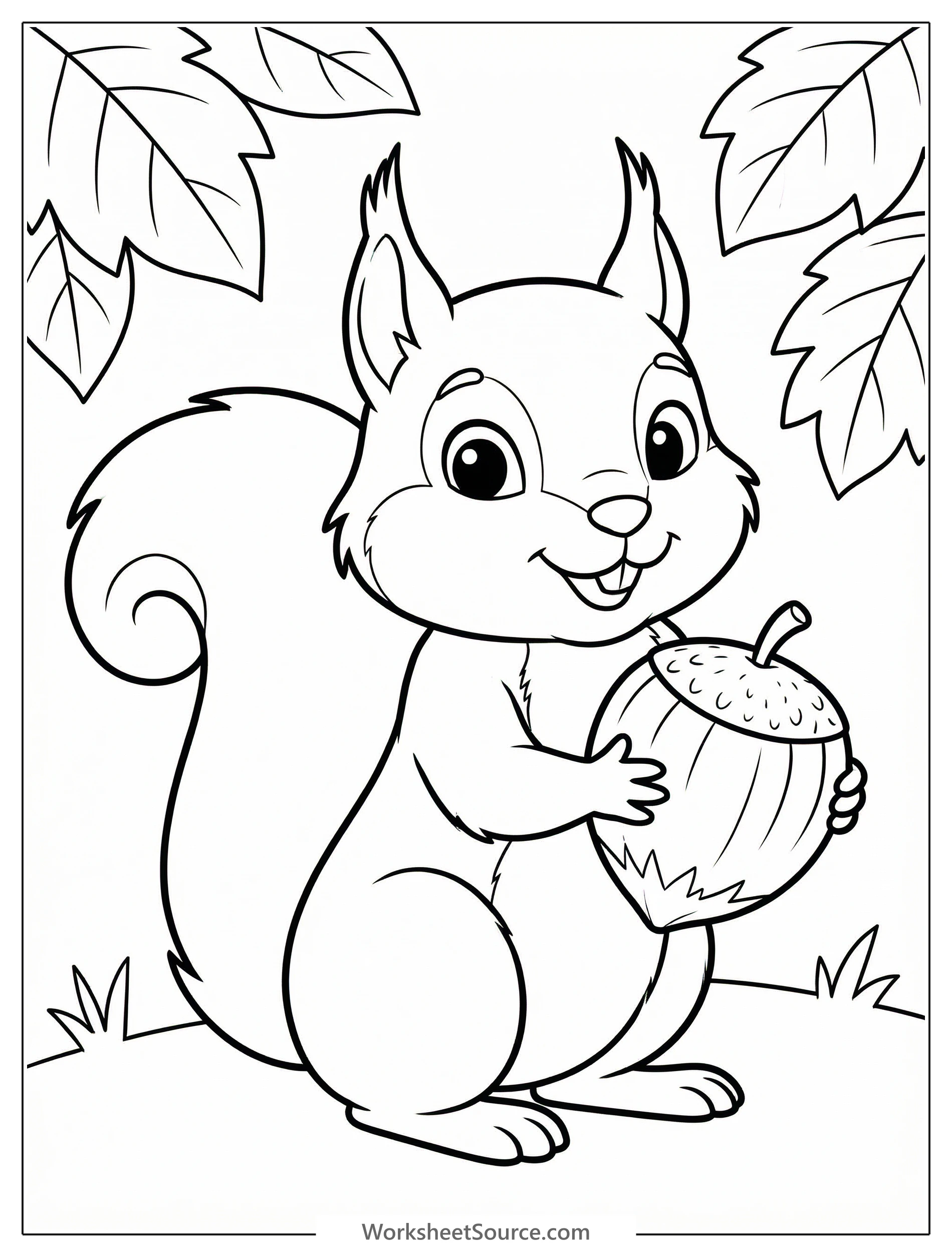 A charming line art illustration of a friendly squirrel holding a ripe hazelnut, ready for coloring. Perfect for engaging artistic expression.