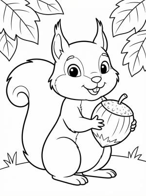 A charming line art illustration of a friendly squirrel holding a ripe hazelnut, ready for coloring. Perfect for engaging artistic expression.
