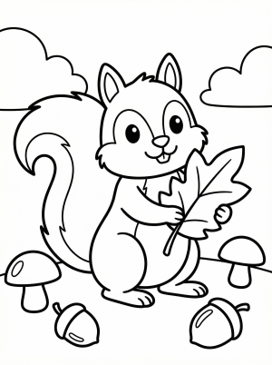 Outline drawing of a cute squirrel sitting on the ground, holding a large serrated autumn leaf, perfect for coloring.