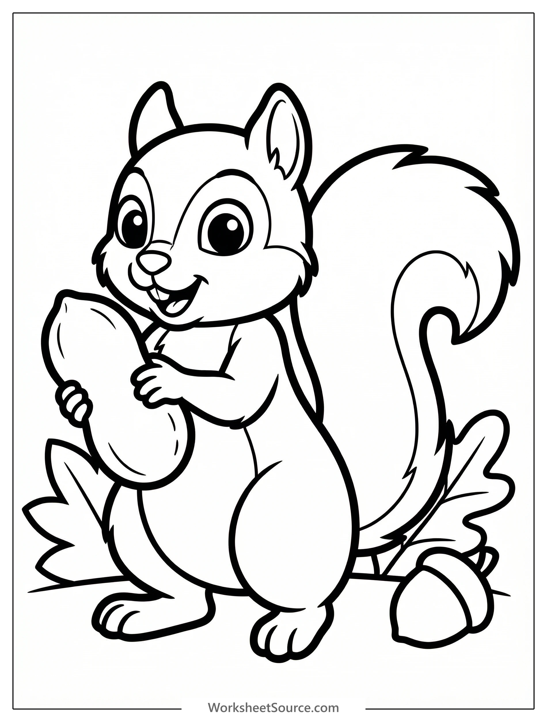 An illustration of a cheerful squirrel standing upright, holding a large peanut between its two front paws, ready to eat. The squirrel has a bushy tail.