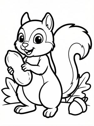 An illustration of a cheerful squirrel standing upright, holding a large peanut between its two front paws, ready to eat. The squirrel has a bushy tail.