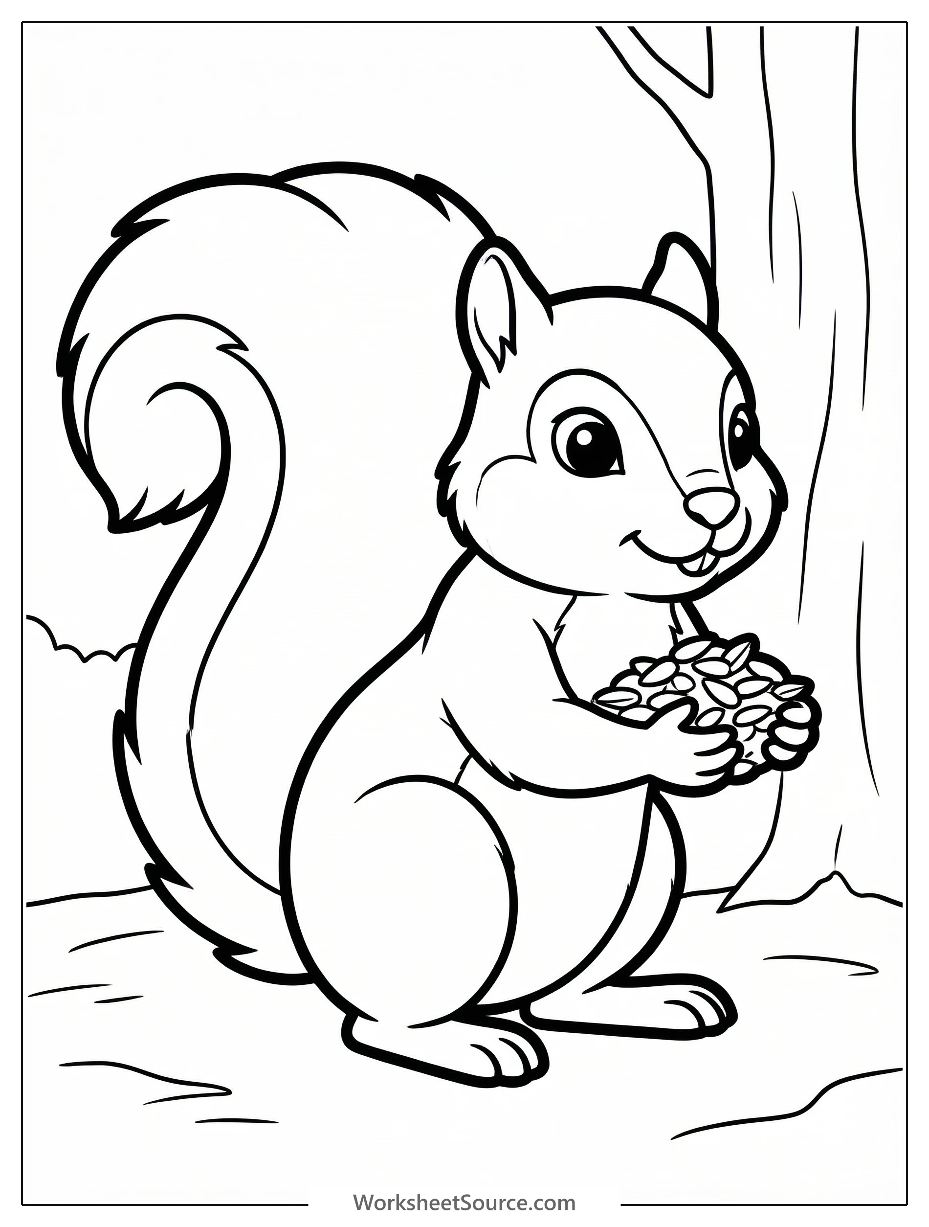 A friendly cartoon squirrel sits upright, holding a single sunflower bird seed in its tiny paws, ready to be colored. The squirrel has a bushy tail.