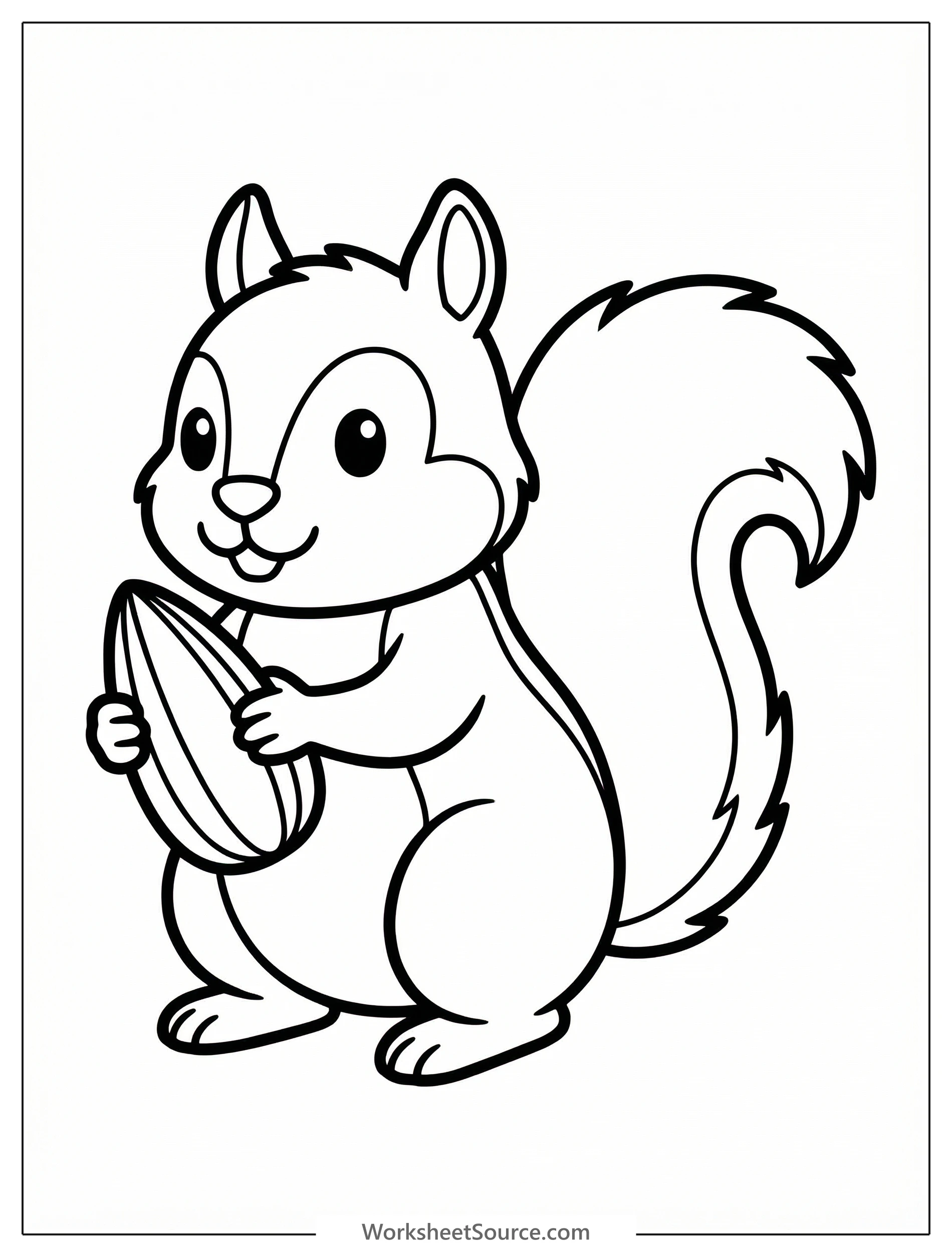 Cute squirrel stands on a branch, holding a large sunflower seed between its paws. The squirrel has a bushy tail and friendly eyes, ready for coloring.