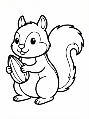 Cute squirrel stands on a branch, holding a large sunflower seed between its paws. The squirrel has a bushy tail and friendly eyes, ready for coloring.