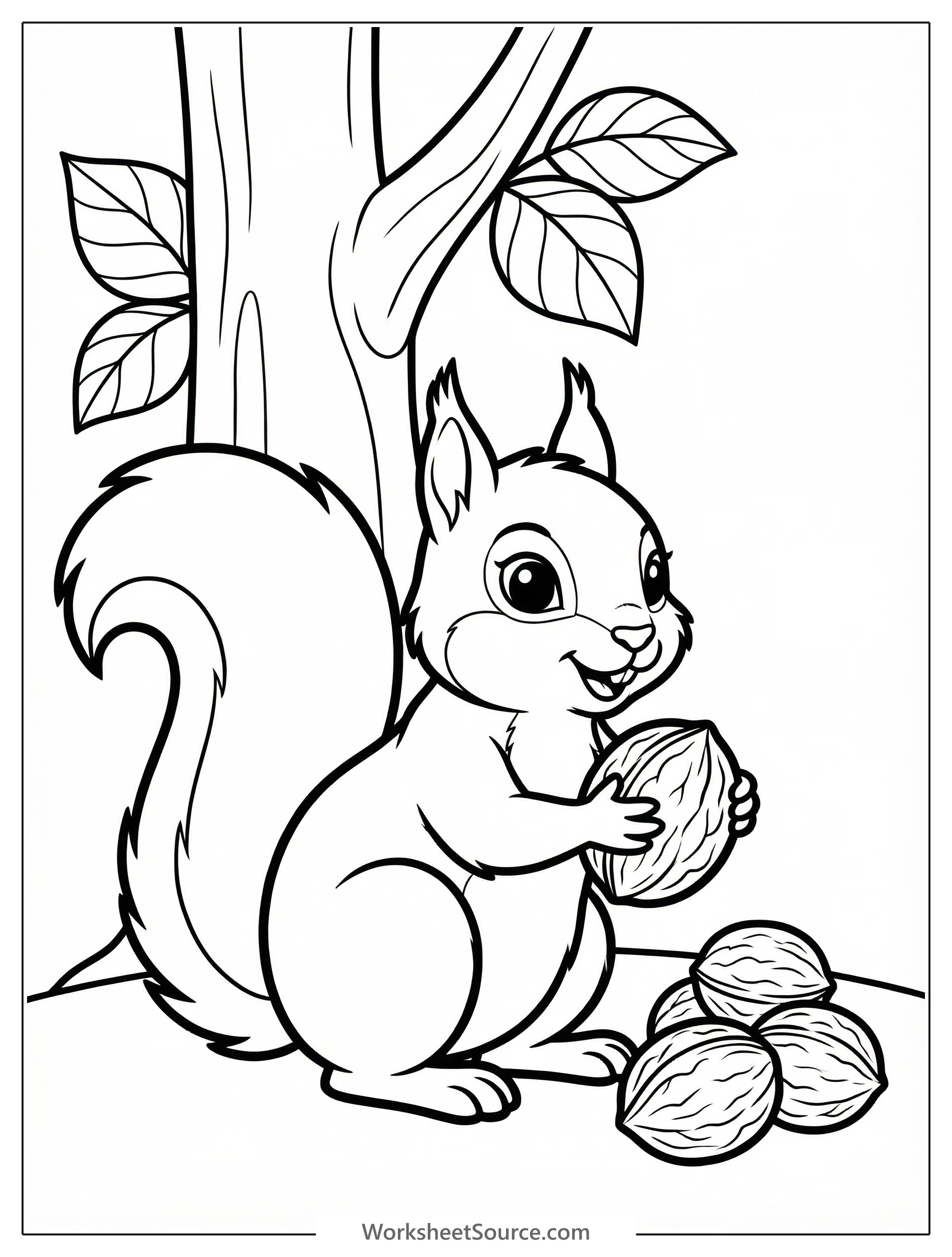 A playful squirrel holding a walnut, surrounded by more walnuts and a leafy branch. Ideal for children to color and learn about woodland animals.