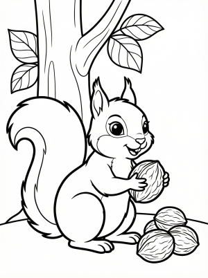 A playful squirrel holding a walnut, surrounded by more walnuts and a leafy branch. Ideal for children to color and learn about woodland animals.