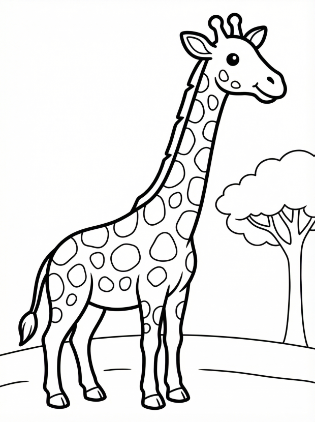 Free printable coloring page showing a smiling giraffe with long neck and spots, perfect for kids to practice coloring and fine motor skills
