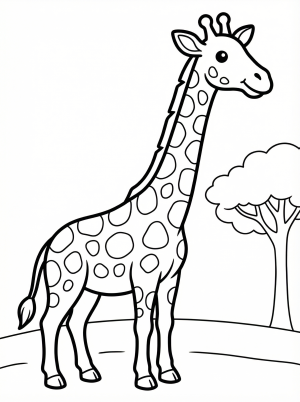 Free printable coloring page showing a smiling giraffe with long neck and spots, perfect for kids to practice coloring and fine motor skills