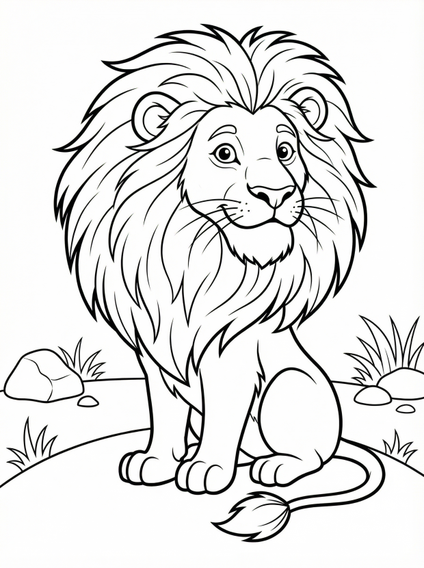 Free printable coloring page showing a smiling lion with a big mane, perfect for kids to practice coloring skills and learn about animals
