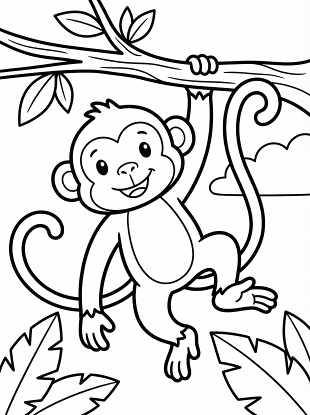 Free printable coloring page showing a monkey swinging on a tree branch, perfect for kids to practice coloring and hand coordination