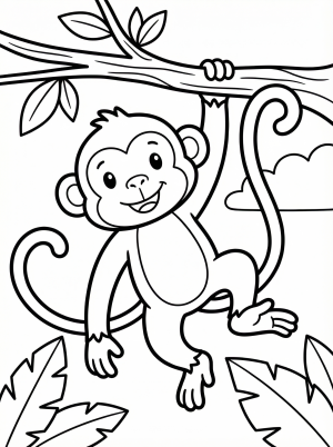 Free printable coloring page showing a monkey swinging on a tree branch, perfect for kids to practice coloring and hand coordination