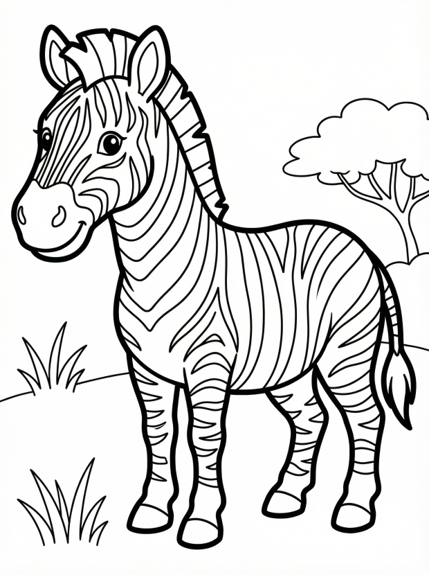 Free printable coloring page showing a smiling zebra with stripes, perfect for kids to practice coloring and learn about animals