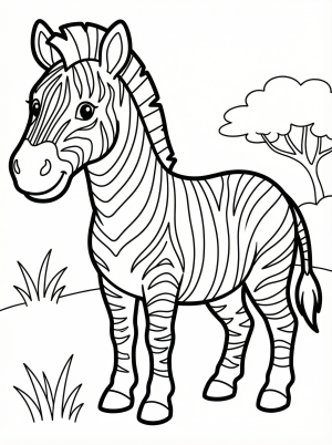 Free printable coloring page showing a smiling zebra with stripes, perfect for kids to practice coloring and learn about animals
