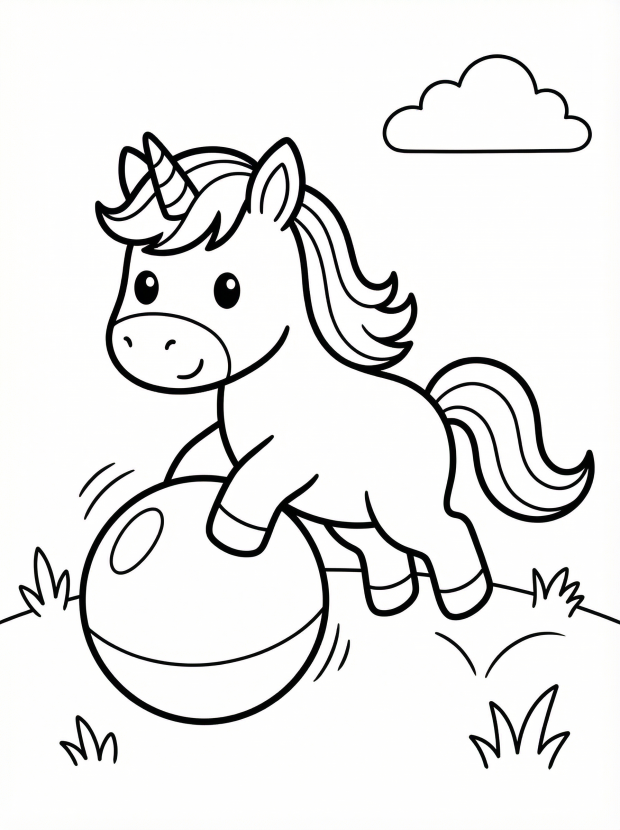 Free printable coloring page showing a baby unicorn playing with a ball, perfect for kids to practice coloring and creativity
