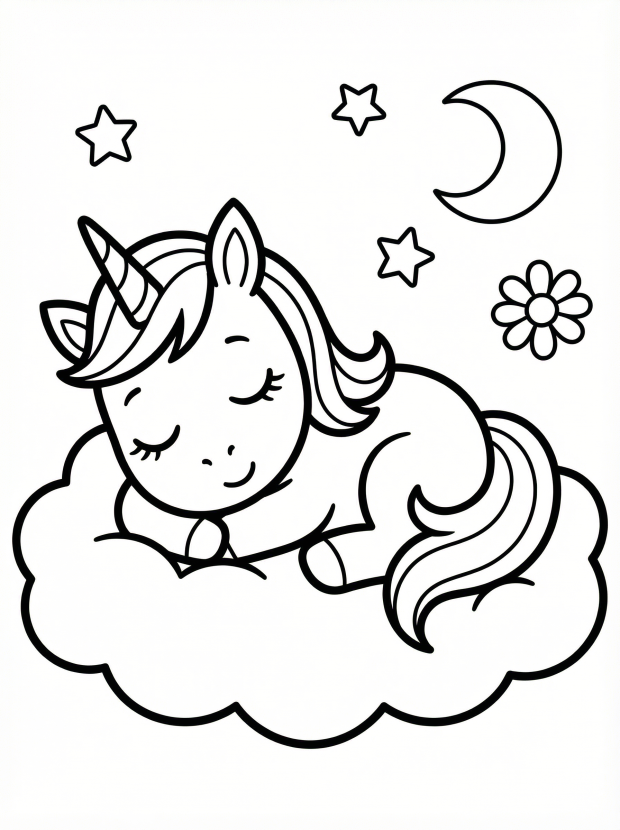 Free printable coloring page showing a baby unicorn sleeping on a cloud, perfect for kids to practice coloring and calm focus