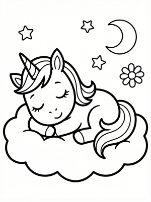 Free printable coloring page showing a baby unicorn sleeping on a cloud, perfect for kids to practice coloring and calm focus
