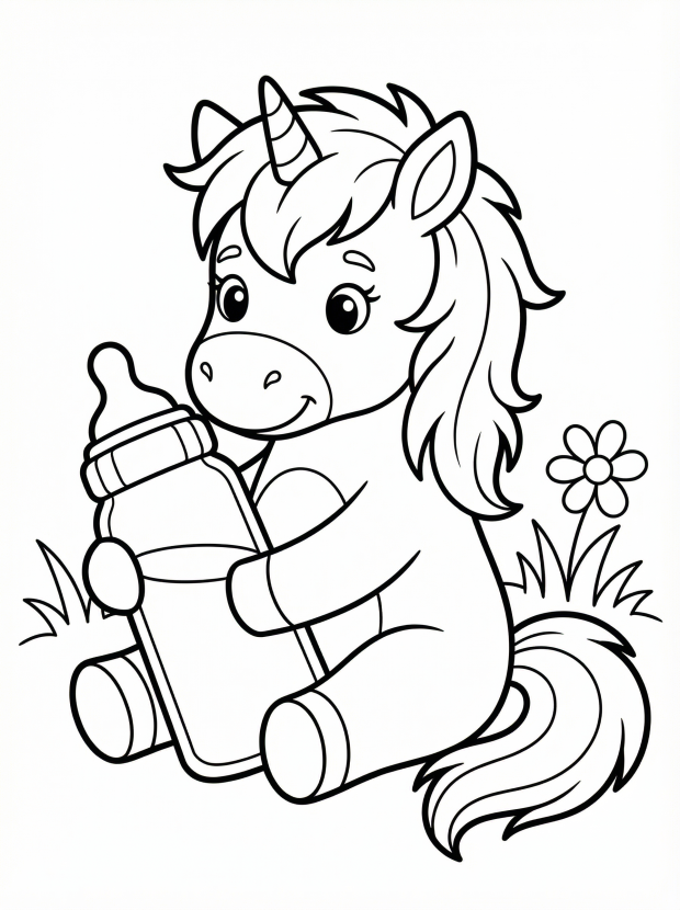 Free printable coloring page showing a baby unicorn holding a bottle, perfect for kids to practice coloring skills and creativity