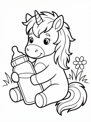 Free printable coloring page showing a baby unicorn holding a bottle, perfect for kids to practice coloring skills and creativity