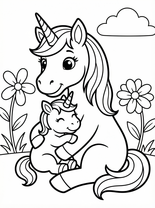 Free printable coloring page showing a baby unicorn hugging mom unicorn, perfect for kids to practice creativity and fine motor skills