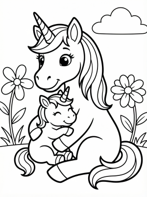 Free printable coloring page showing a baby unicorn hugging mom unicorn, perfect for kids to practice creativity and fine motor skills