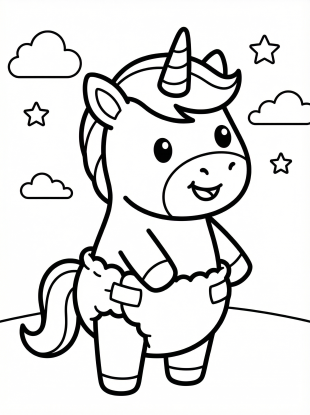 Free printable coloring page showing a cute unicorn foal in a diaper standing with clouds and stars, perfect for kids to build creativity and fine motor skills