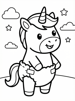 Free printable coloring page showing a cute unicorn foal in a diaper standing with clouds and stars, perfect for kids to build creativity and fine motor skills