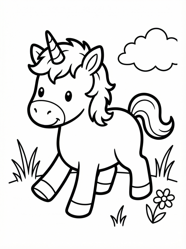 Free printable coloring page showing a little unicorn learning to walk, perfect for kids to practice coloring and creativity