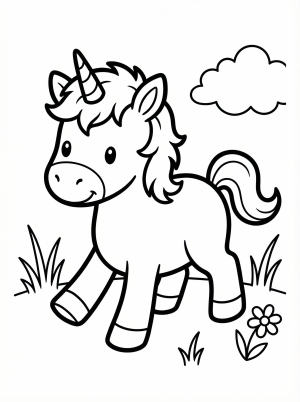 Free printable coloring page showing a little unicorn learning to walk, perfect for kids to practice coloring and creativity