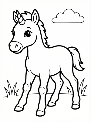 Free printable coloring page showing a newborn unicorn foal in a grassy scene, perfect for kids to practice coloring and explore creativity